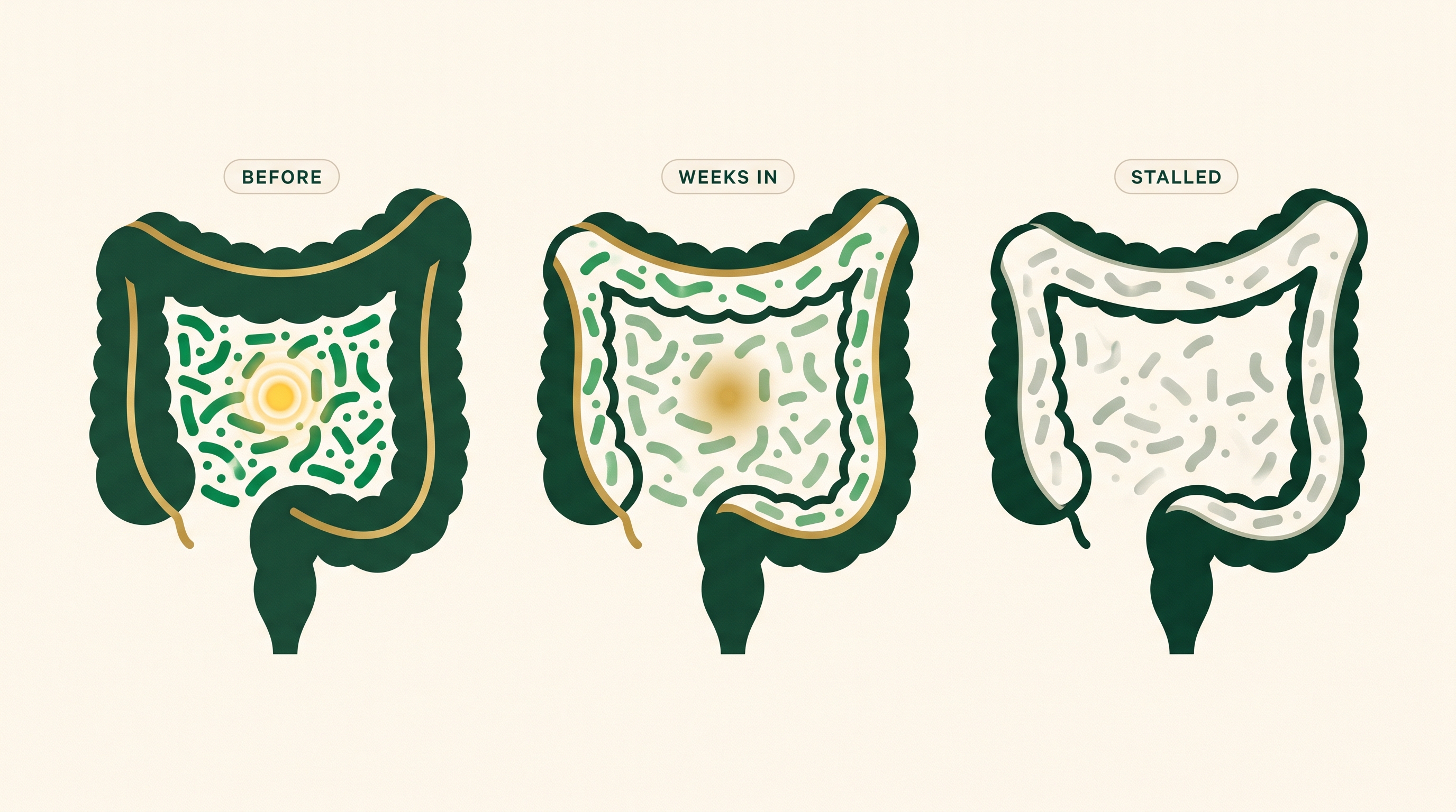 Three-stage illustration of the colon's bacterial colony thinning from healthy to stalled