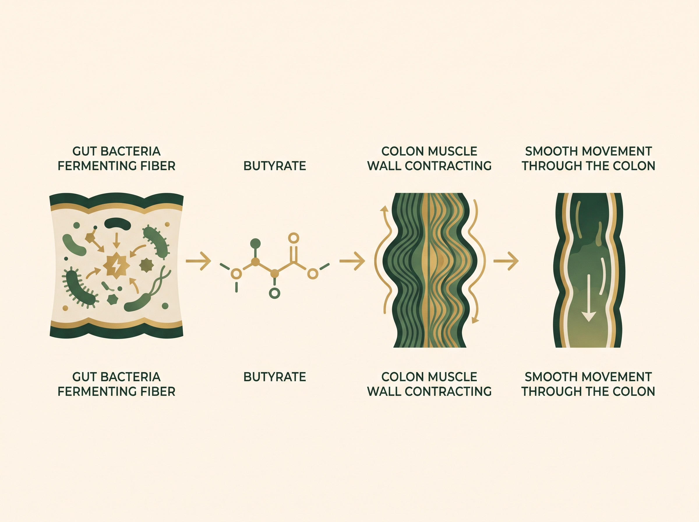 Bacteria ferment fiber, produce butyrate, the colon contracts, waste moves