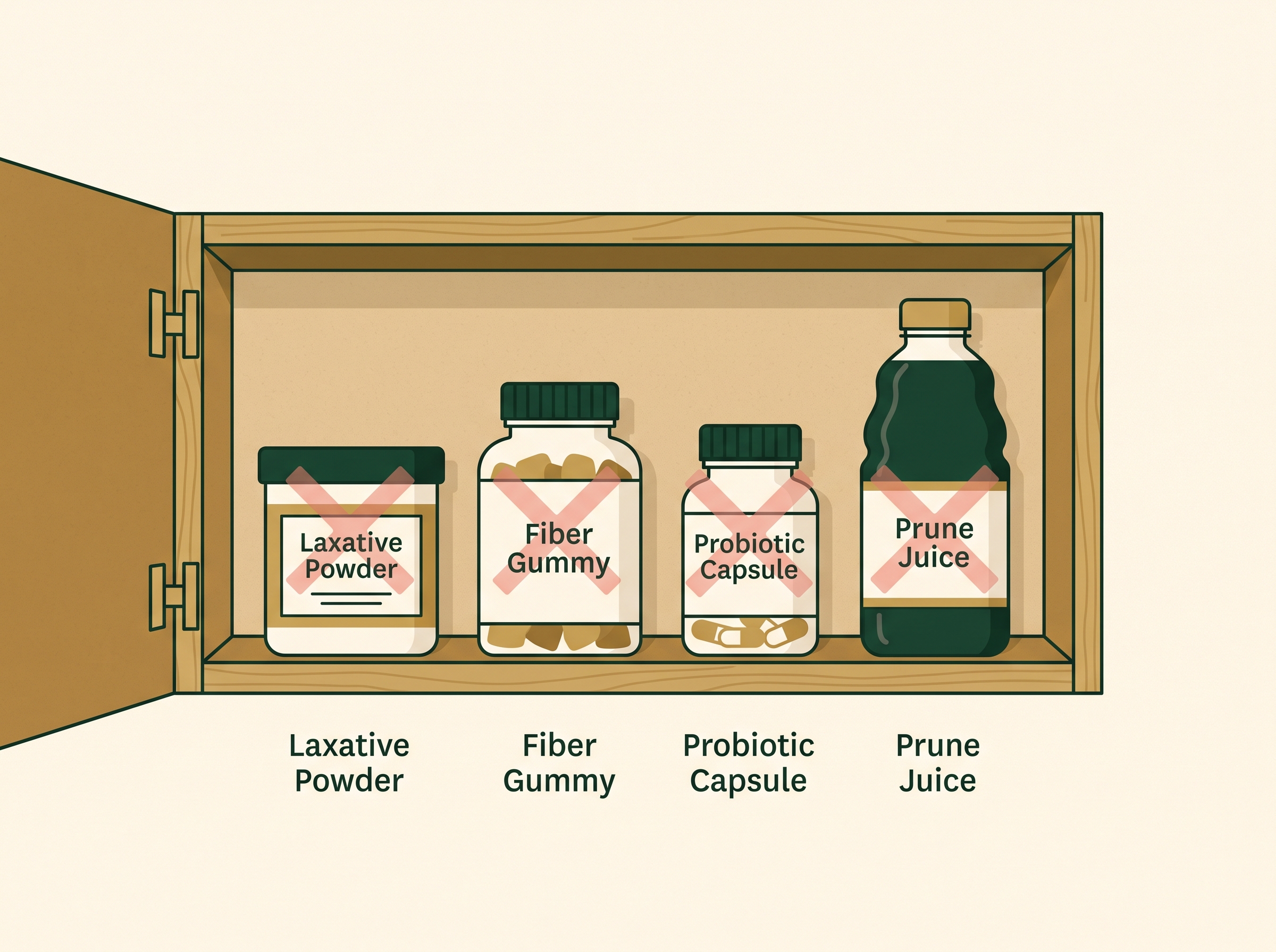 A cabinet of failed remedies — laxative, fiber, probiotic, prune juice — each crossed out