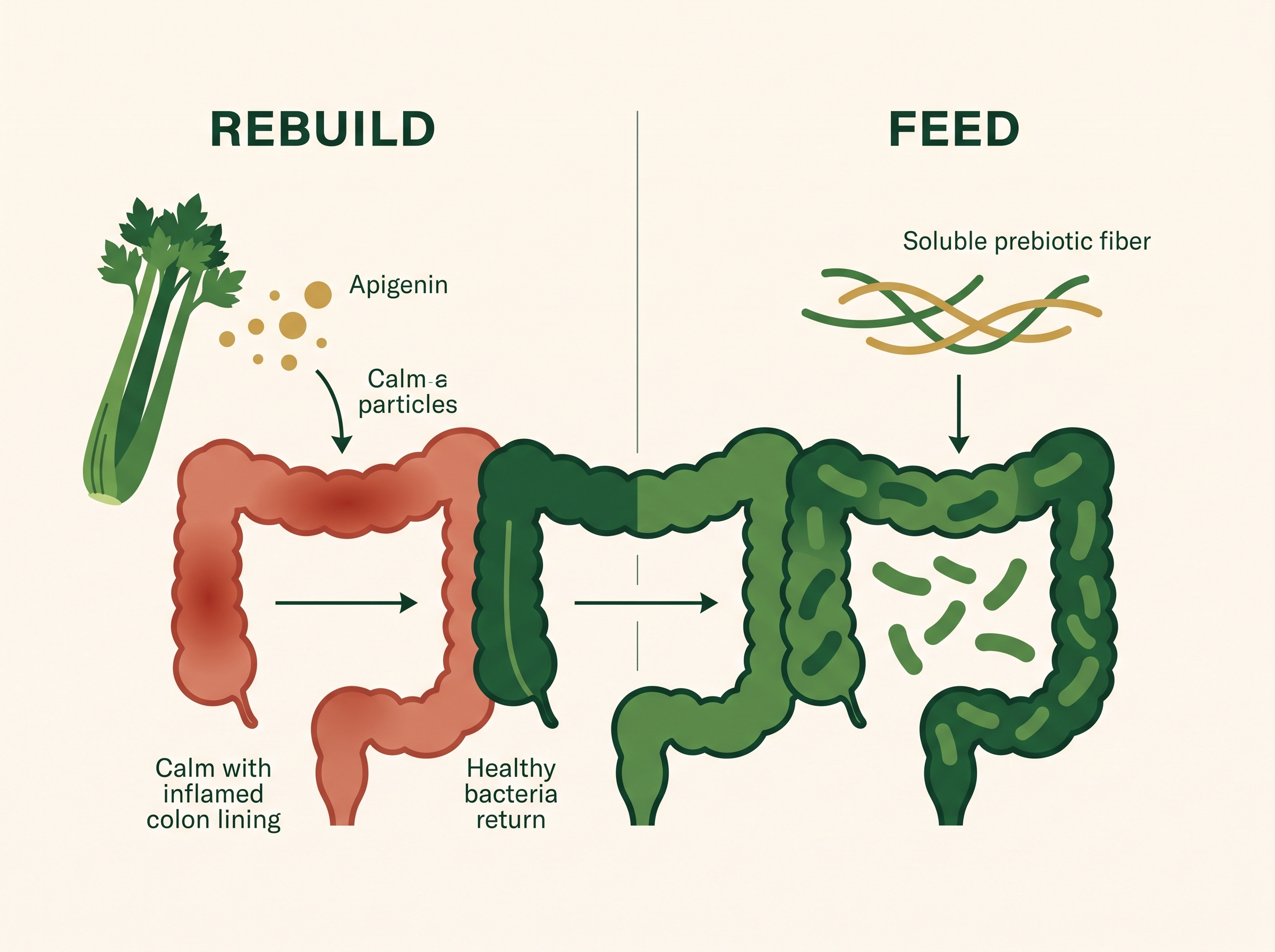 Rebuild with apigenin from celery, then feed with soluble prebiotic fiber