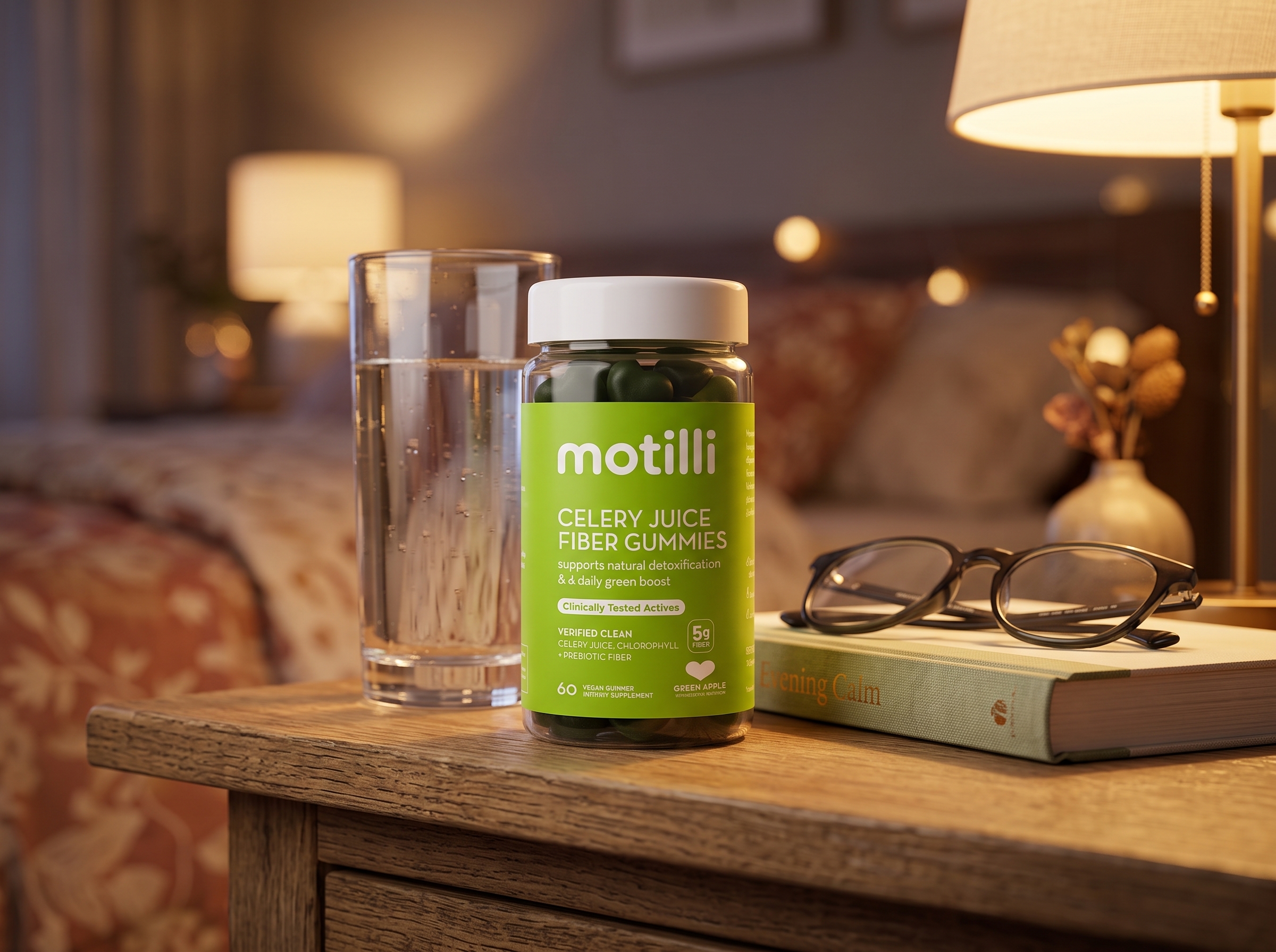 Motilli on a nightstand beside a full glass of water
