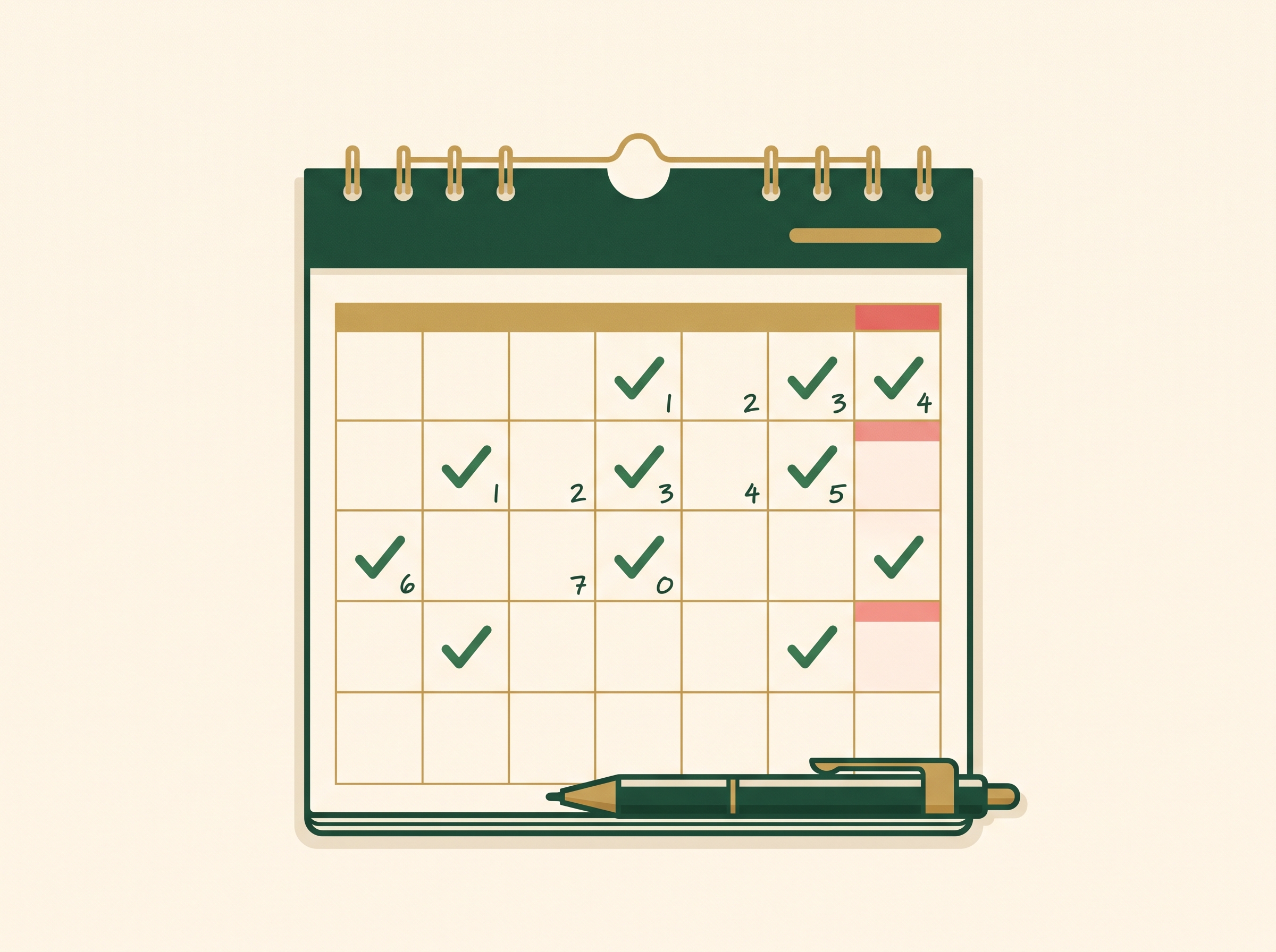 A calendar with sparse, far-apart checkmarks and rising day counts